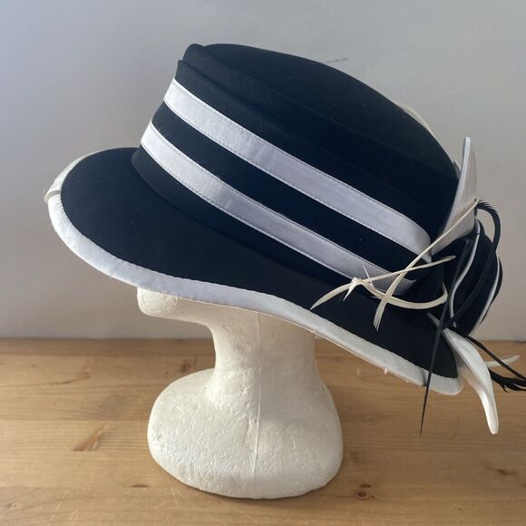 Ben Marc Hat Black & White Derby Dress Church Structured Hat w Satin 3D Flower - Picture 2 of 9